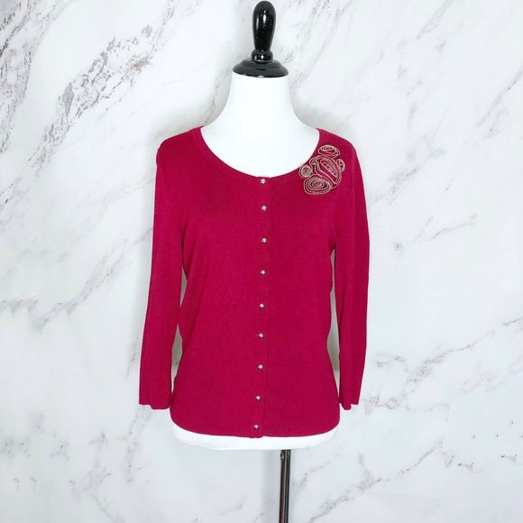 WHBM Wine Cardigan Sweater Rosettes Button Down - Picture 1 of 5